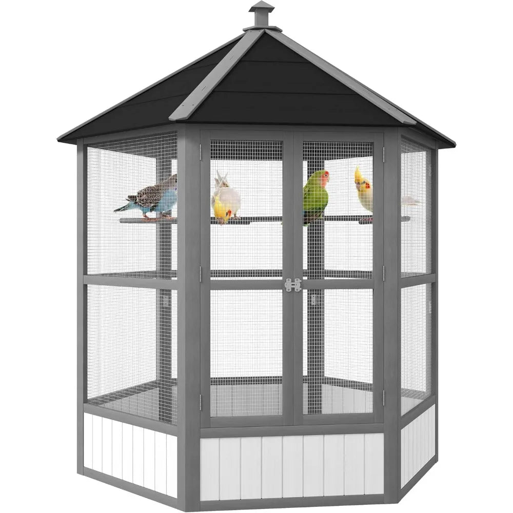 Hexagonal Outdoor Wooden Bird Aviary With Covered Roof