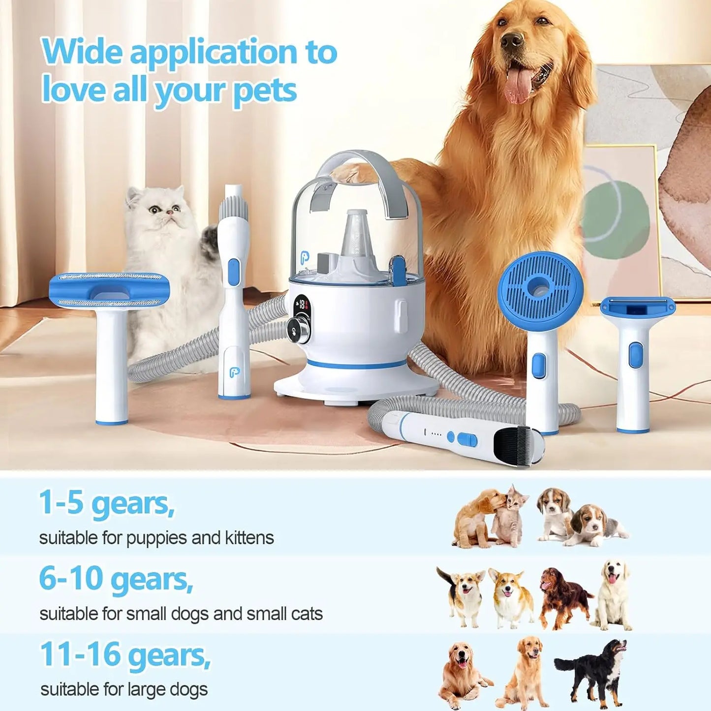 Pet Grooming Vacuum Kit 5 in 1 Low Noise Hair Remover for Shedding Dogs and Cats