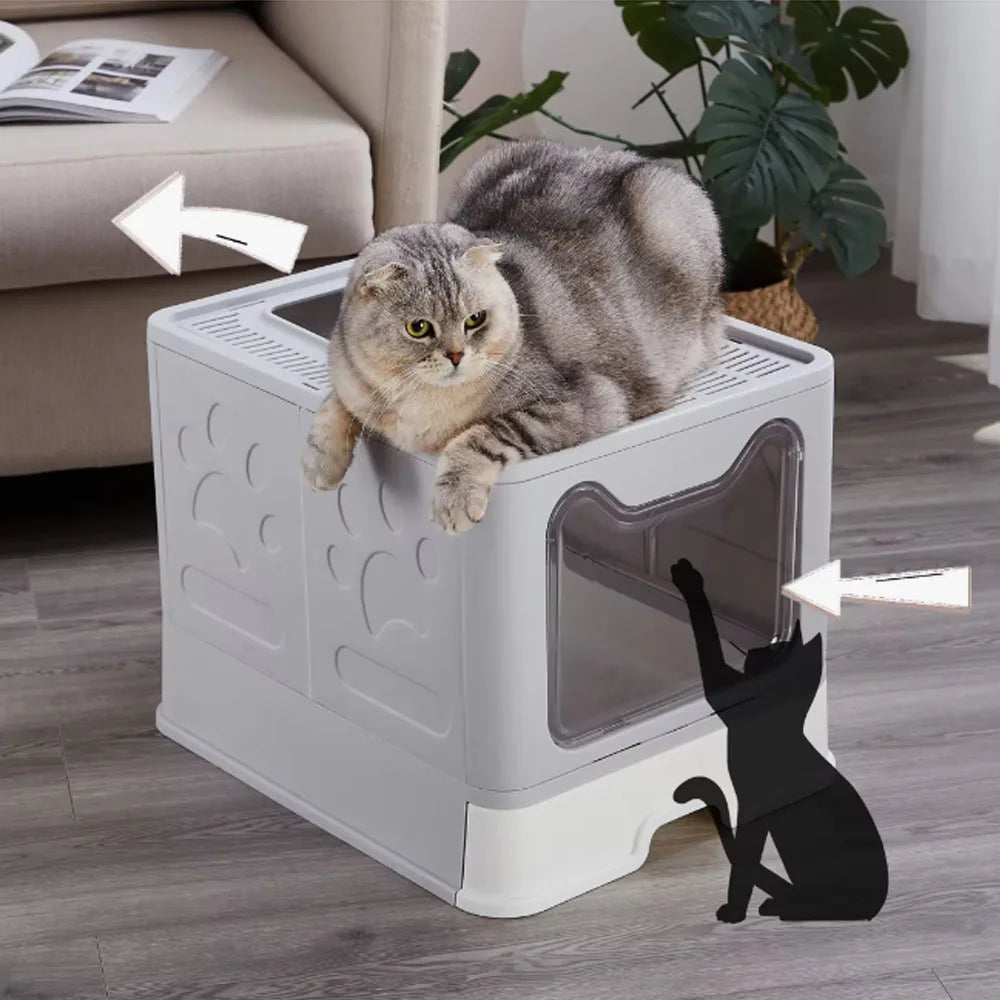 Convenient Foldable Cat Litter Box with Drawer Design and Scooper