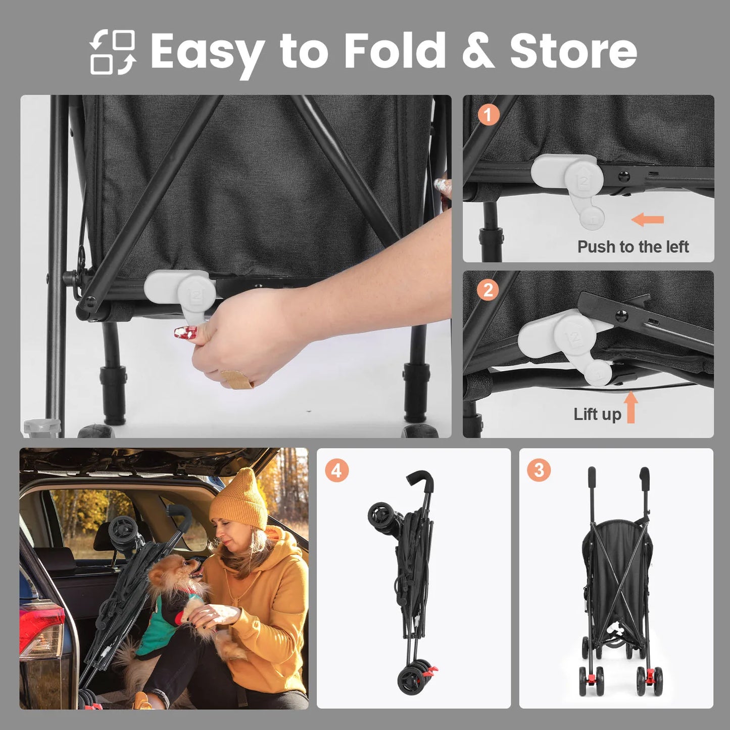 Pet Dog Stroller with Four Wheels Portable Puppy Stroller with Rotating Brakes and Storage for Dogs and Cats Travel and Outdoor Use