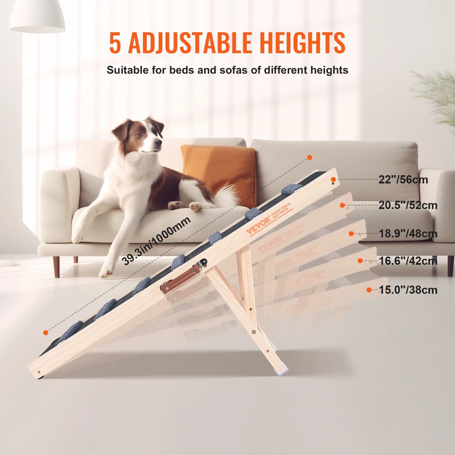 SucceBuy Dog Ramp Folding Ladder Adjustable High Anti-Slip Wooden Pet Climbing Stairs