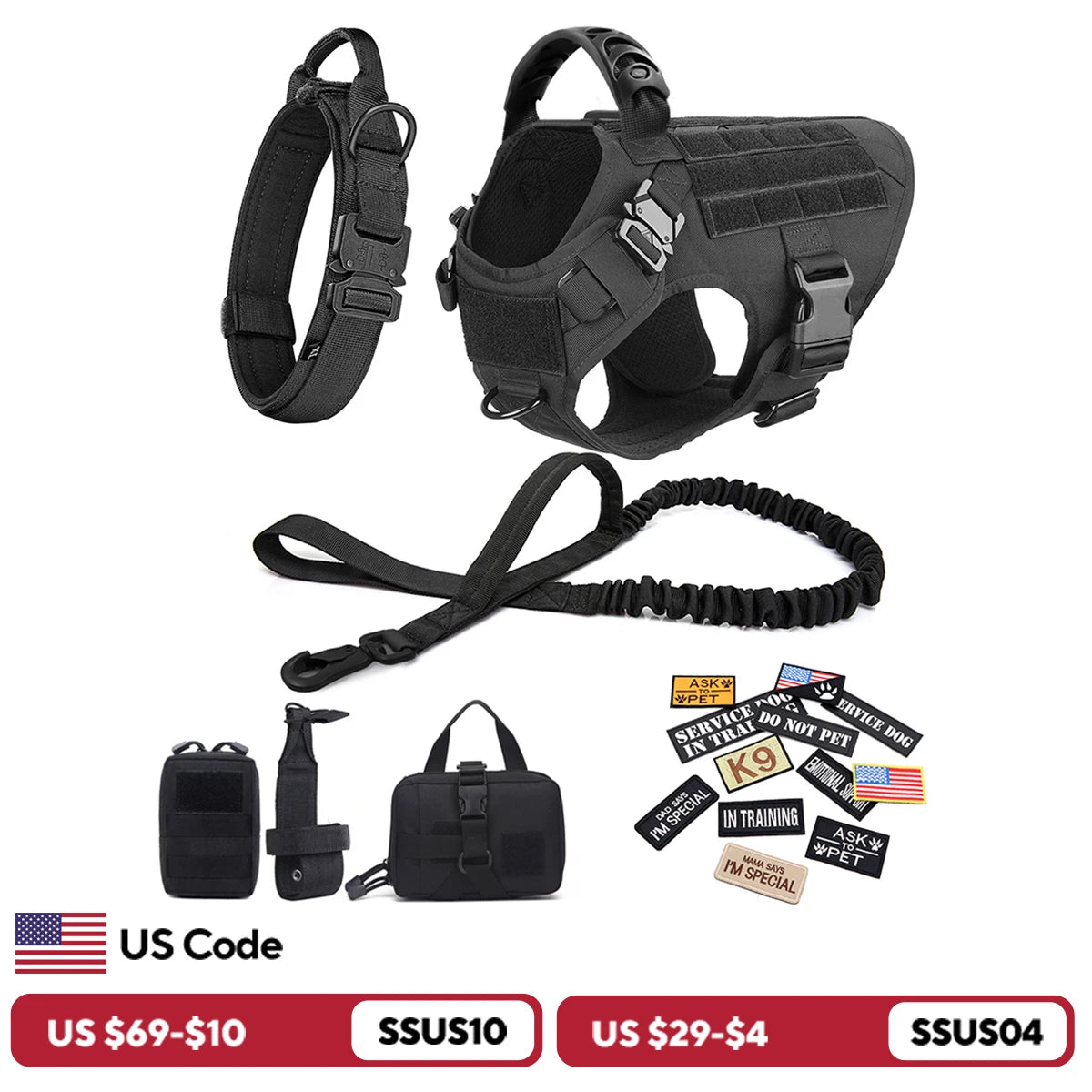 Military Style Dog Harness Set with Collar Leash and Patches
