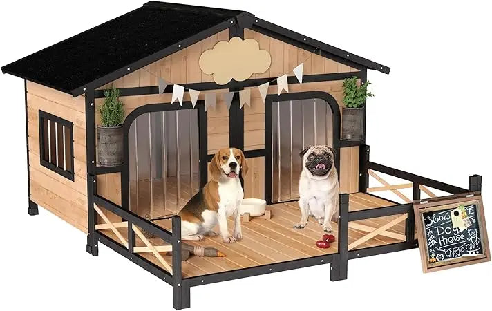 Natural Wood Double Dog House Outdoor Kennel With Porch