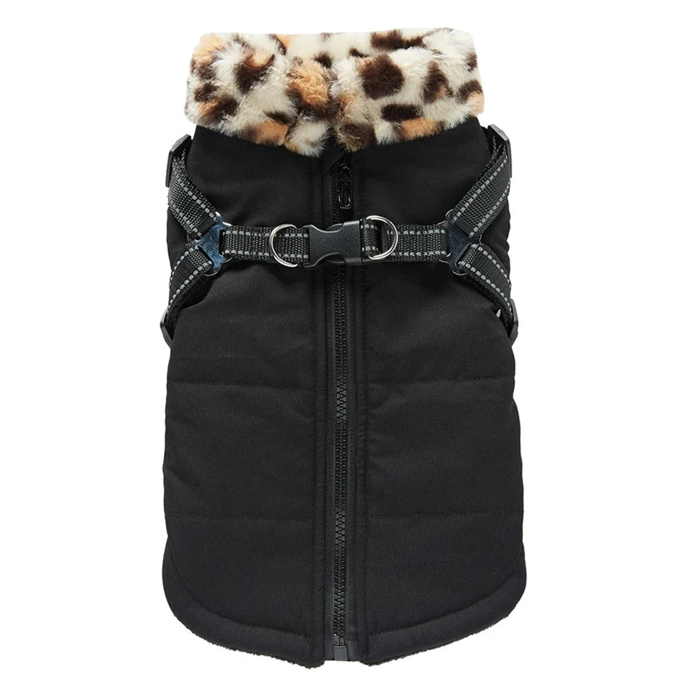 Winter Warm Dog Clothes Thicken Pet Jacket With Harness Fur Collar For Small Medium Chihuahua French Bulldog