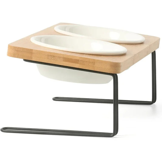 Elevated Cat Ceramic Bowls with Bamboo Stand for Easy Feeding