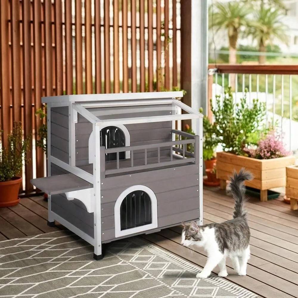 Outdoor Wood Two Floor Cat Condo Pet House with Balcony Stairs