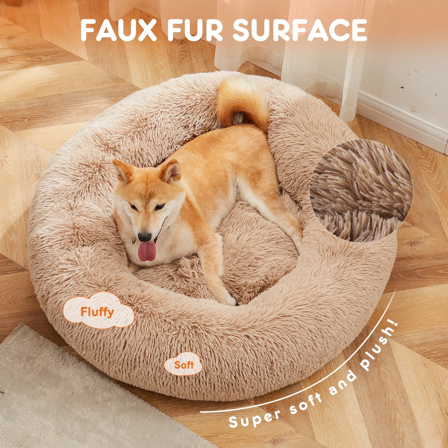 JHK Calming Dog Bed Washable Faux Fur Plush Round Bed
