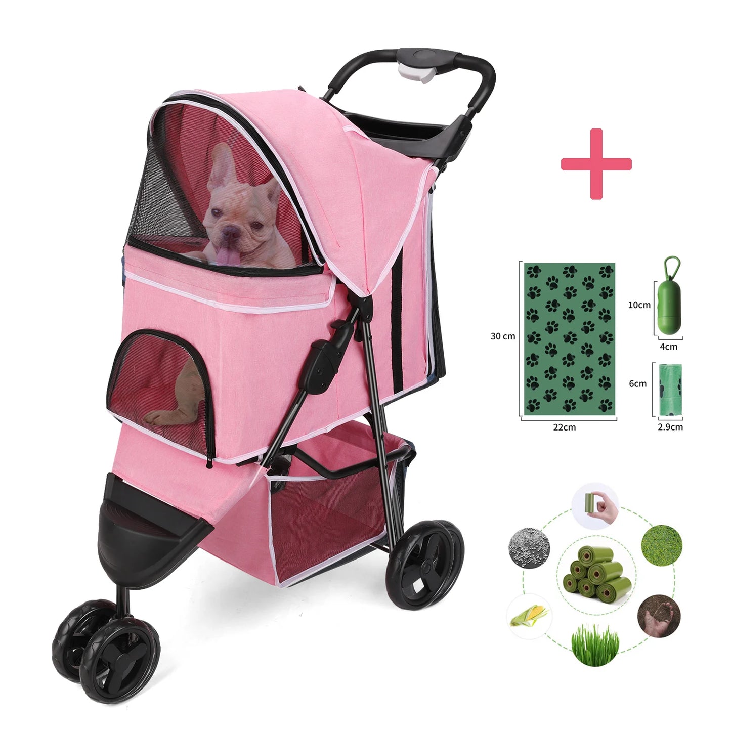Three Wheel Foldable Pet Stroller with Storage Basket and Handle