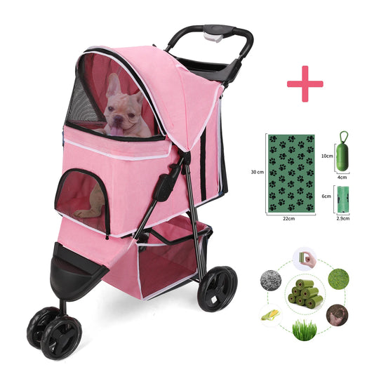 Three Wheel Foldable Pet Stroller with Storage Basket and Handle
