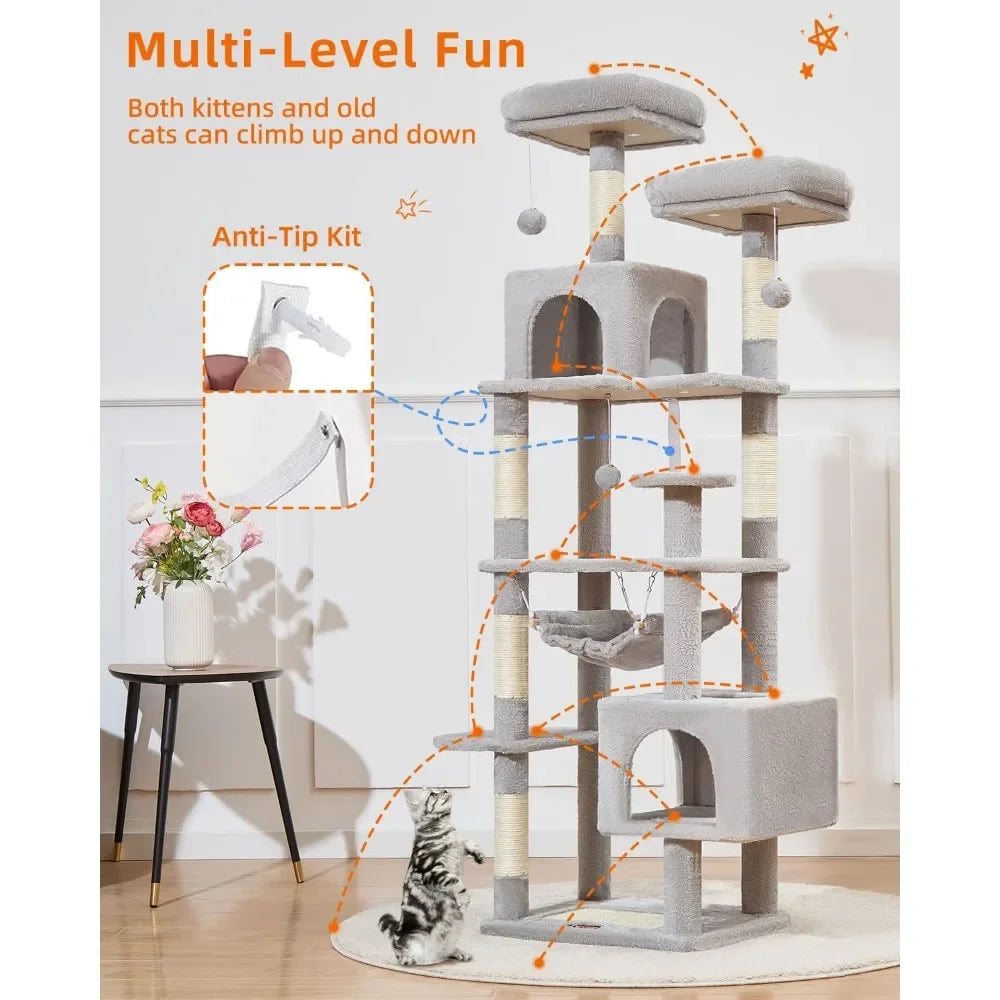 68 Inch Cat Tree Tower for Indoor Cats Plush Multi Level Condo with 6 Scratching Posts 2 Perches and 2 Caves