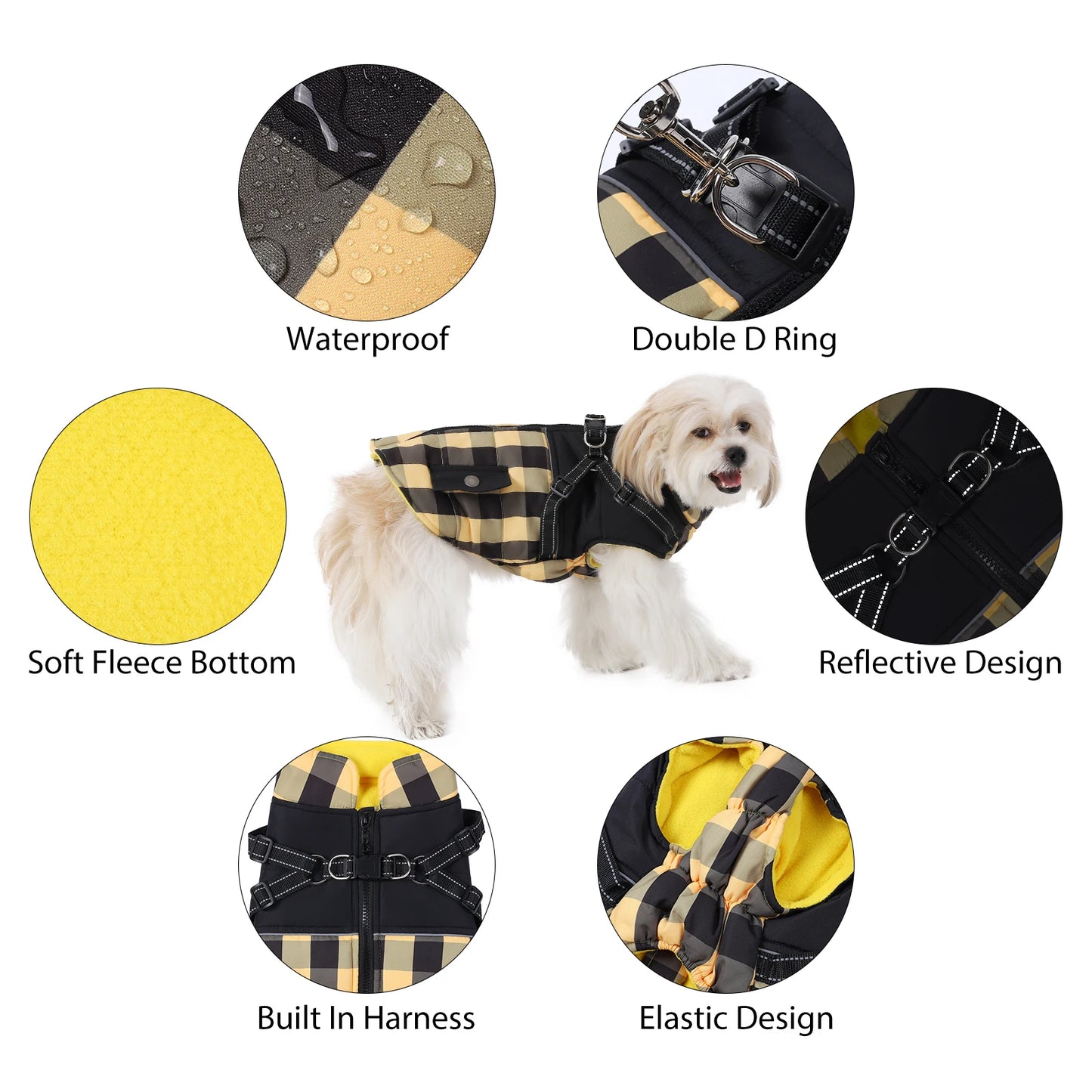 Plaid Thicken Padded Pet Dog Jacket With Harness Cold Weather Windproof Winter Coat For Small Medium Large Dogs
