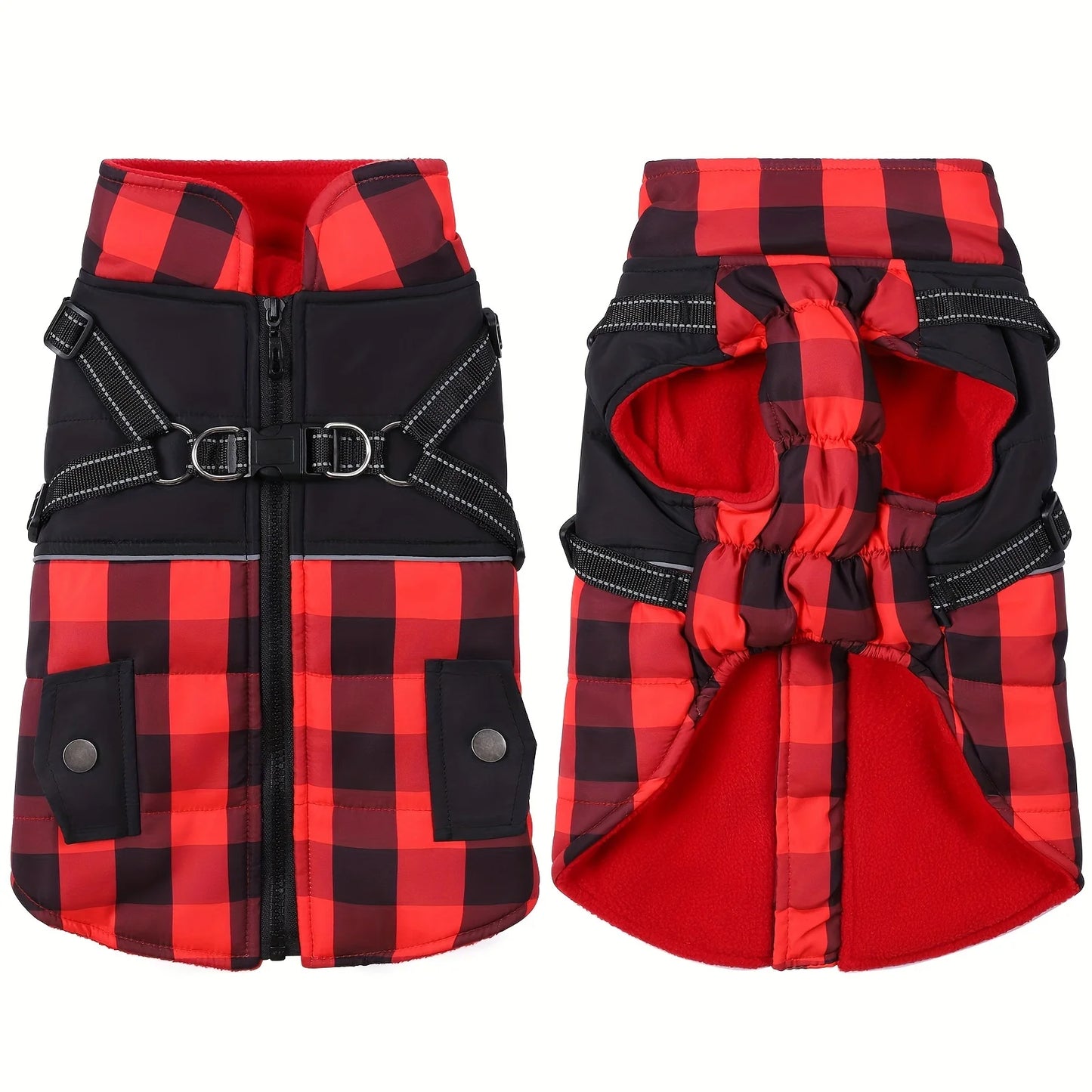 Plaid Thicken Padded Pet Dog Jacket With Harness Cold Weather Windproof Winter Coat For Small Medium Large Dogs
