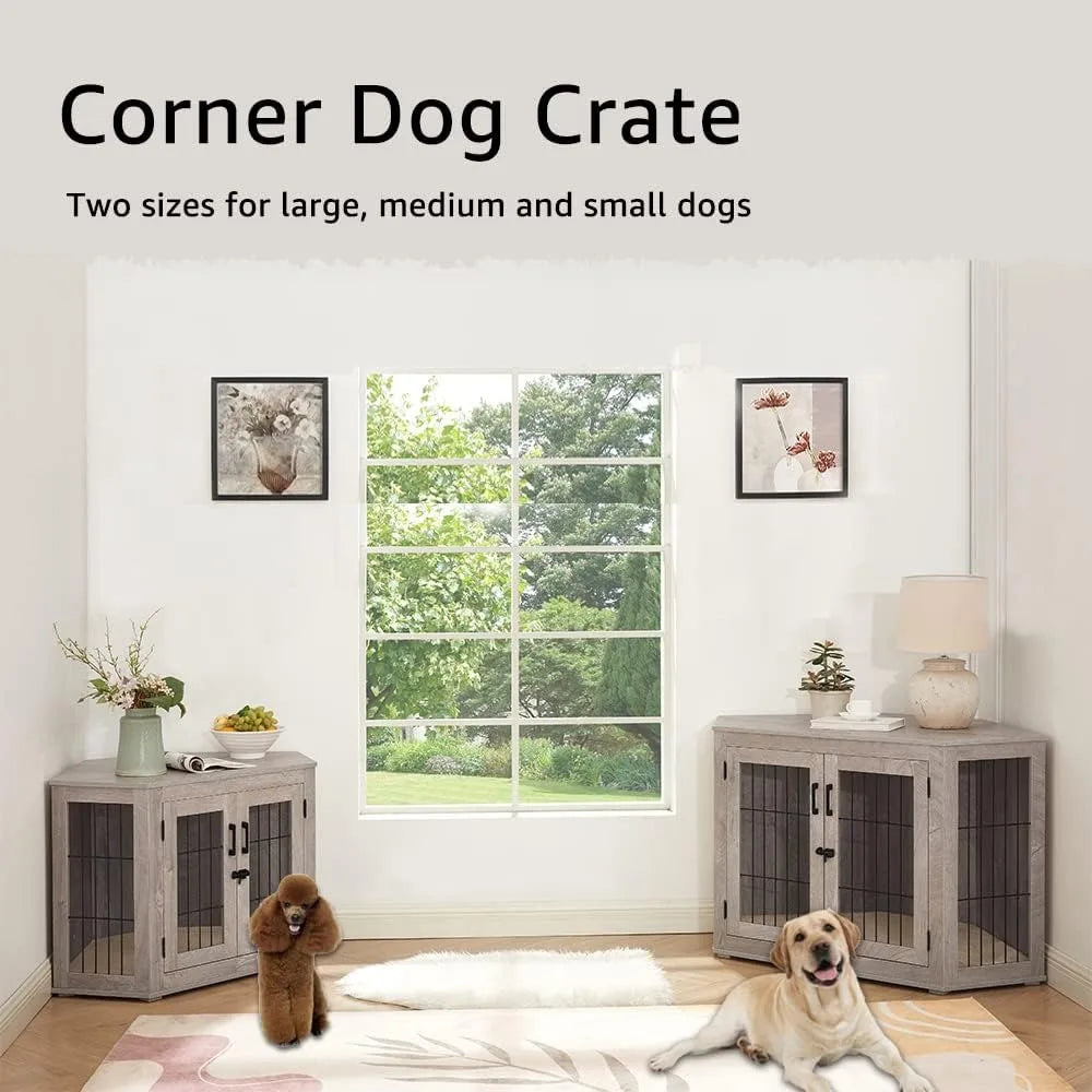 Wooden Corner Dog Crate End Table with Cushion for Small Dogs