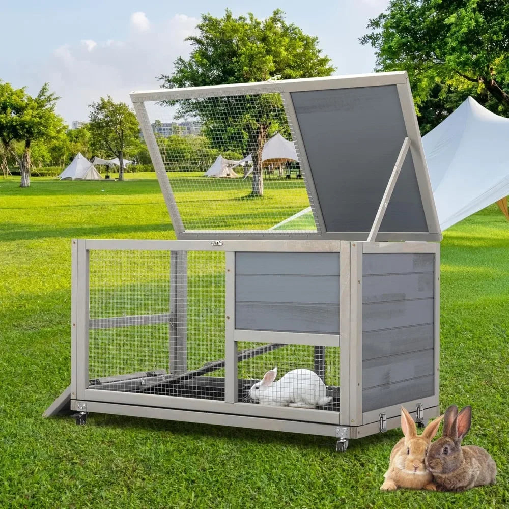 Hign-concerned Wood Rabbit Hutch On Wheels With Tray