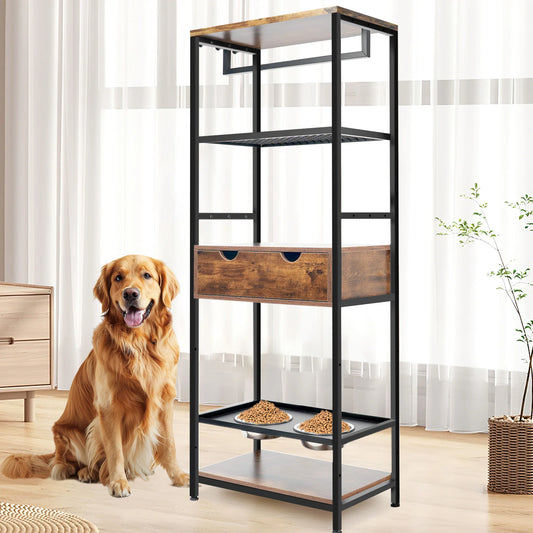 Dog Feeding Station Adjustable Raised Bowls Feeder for Large Medium Dogs Cats with Storage Shelves
