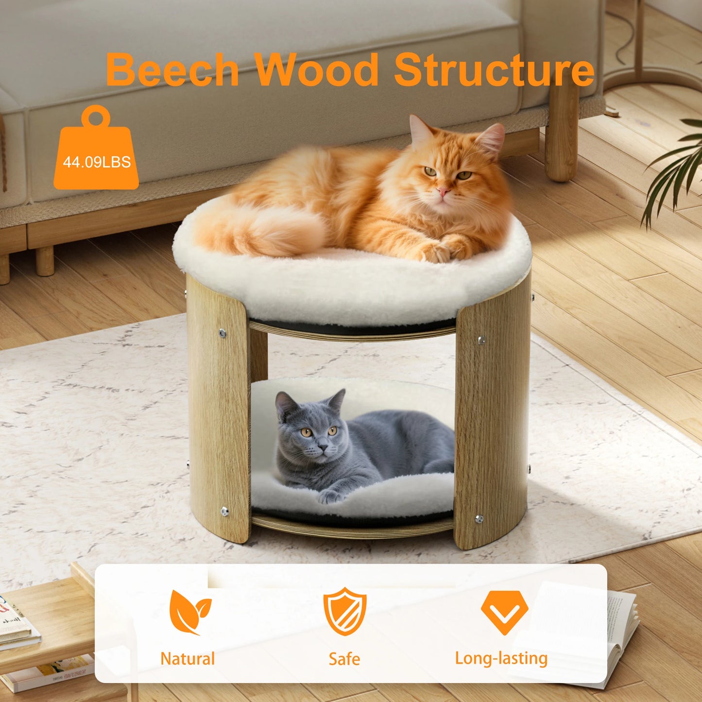 Bingopaw Elevated Cat Bed 2-Tier Cat Tree Tower with Natural Bamboo Frame and Plush Mat