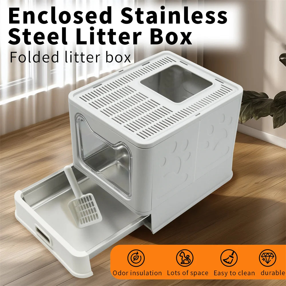Enclosed Stainless Steel Cat Litter Box with Easy Cleaning Lid