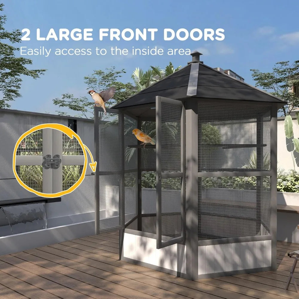 Hexagonal Outdoor Wooden Bird Aviary With Covered Roof