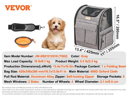 SucceBuy Pet Cat Carrier Backpack with Telescopic Handle Wheels