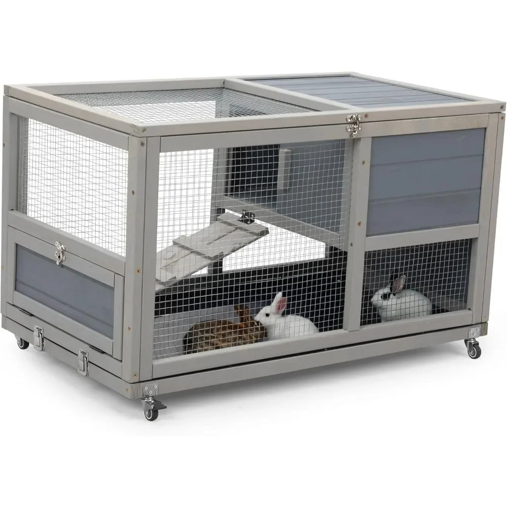 Hign-concerned Wood Rabbit Hutch On Wheels With Tray