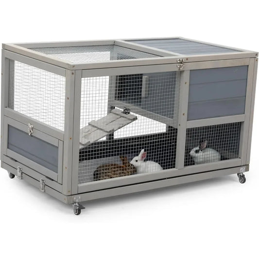 Hign-concerned Wood Rabbit Hutch On Wheels With Tray