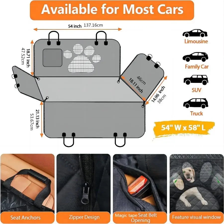 Waterproof Dog Car Seat Cover Hammock with Mesh Window and Zipper