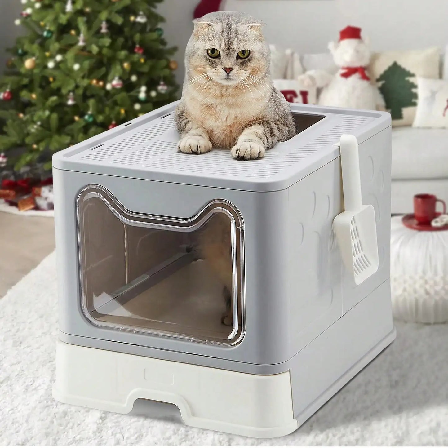 Convenient Foldable Cat Litter Box with Drawer Design and Scooper