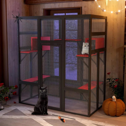Wooden Outdoor Cat Enclosure With Perches And Condos