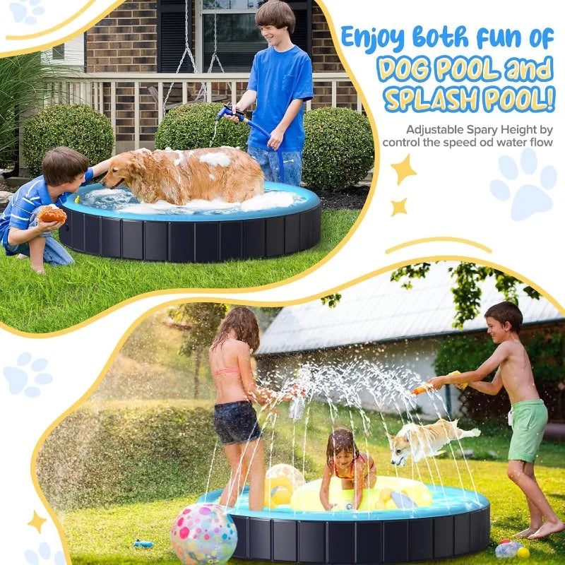 Dog Pool for Large Dogs 63 Inch Foldable Pet Wading Pool with Splash Sprinkler Outdoor Summer Bathtub Heavy Duty for Puppy Duck
