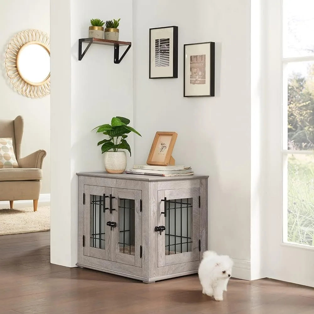 Furniture Style Dog Crate End Table Wooden Wire Kennel with Pet Bed