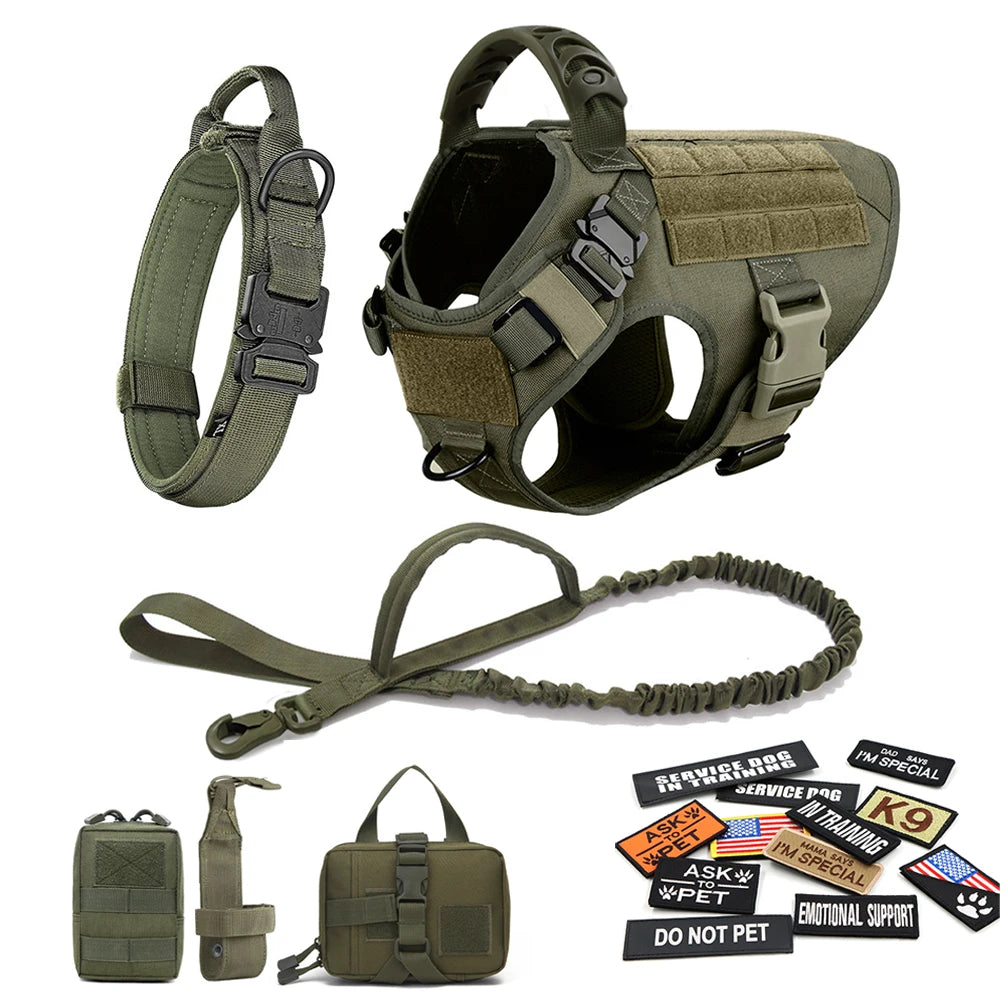 Military Style Dog Harness Set with Collar Leash and Patches