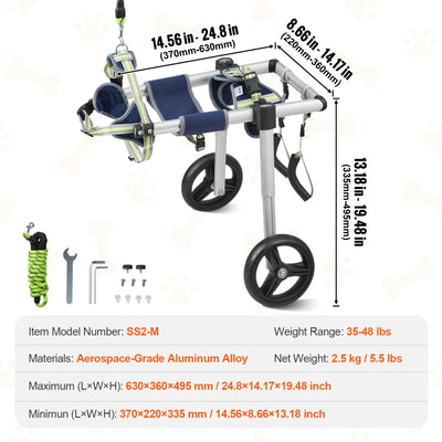 Two wheel dog wheelchair measurements and specifications for back leg support cart, featuring durable aluminum alloy.