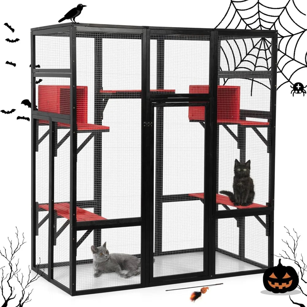 Wooden Outdoor Cat Enclosure With Perches And Condos