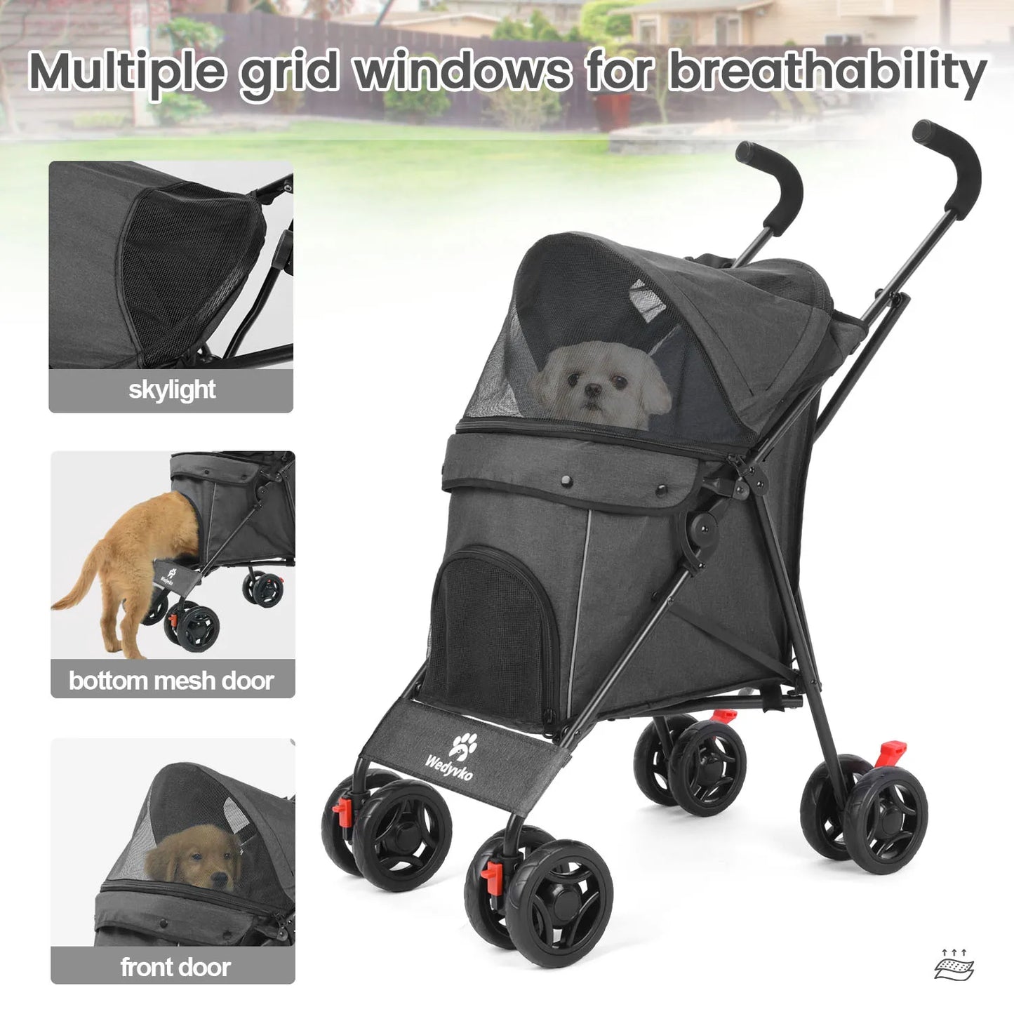 Pet Dog Stroller with Four Wheels Portable Puppy Stroller with Rotating Brakes and Storage for Dogs and Cats Travel and Outdoor Use