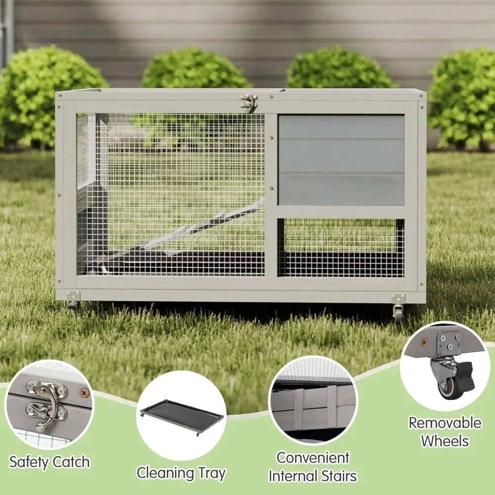 Hign-concerned Wood Rabbit Hutch On Wheels With Tray