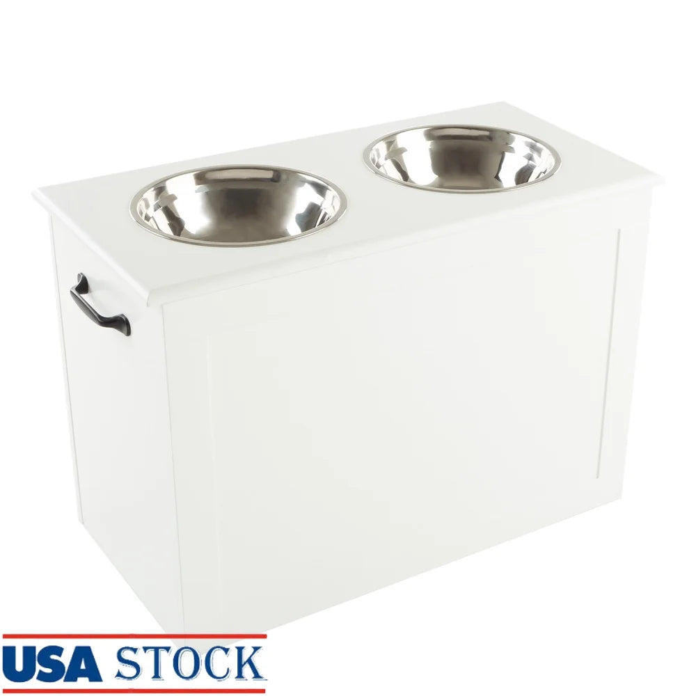 Elevated Dog Bowls with Hidden Storage Compartment Stainless Steel Pet Feeder Station Easy Clean Adjustable Height Organizer