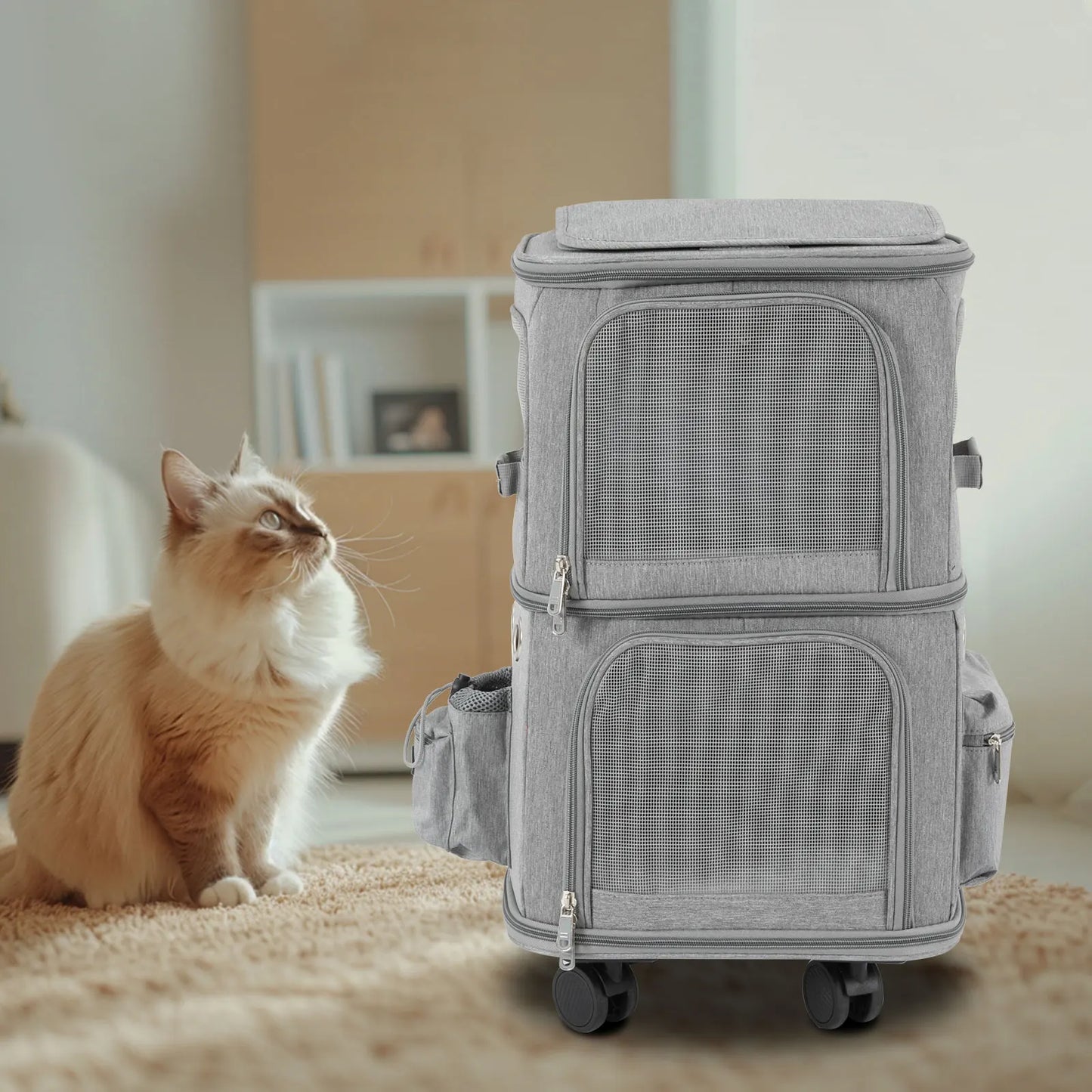 Cat Carrier Double-Compartment Rolling Carrier with Wheels Super Ventilated Design