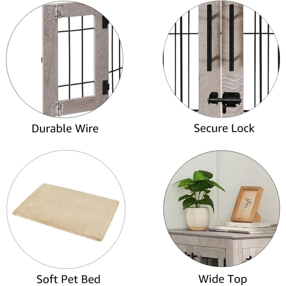 Furniture Style Dog Crate End Table Wooden Wire Kennel with Pet Bed