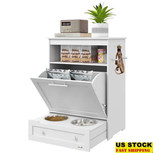 XMSJ Pet Feeder Station Cabinet With Raised Bowls Hanger