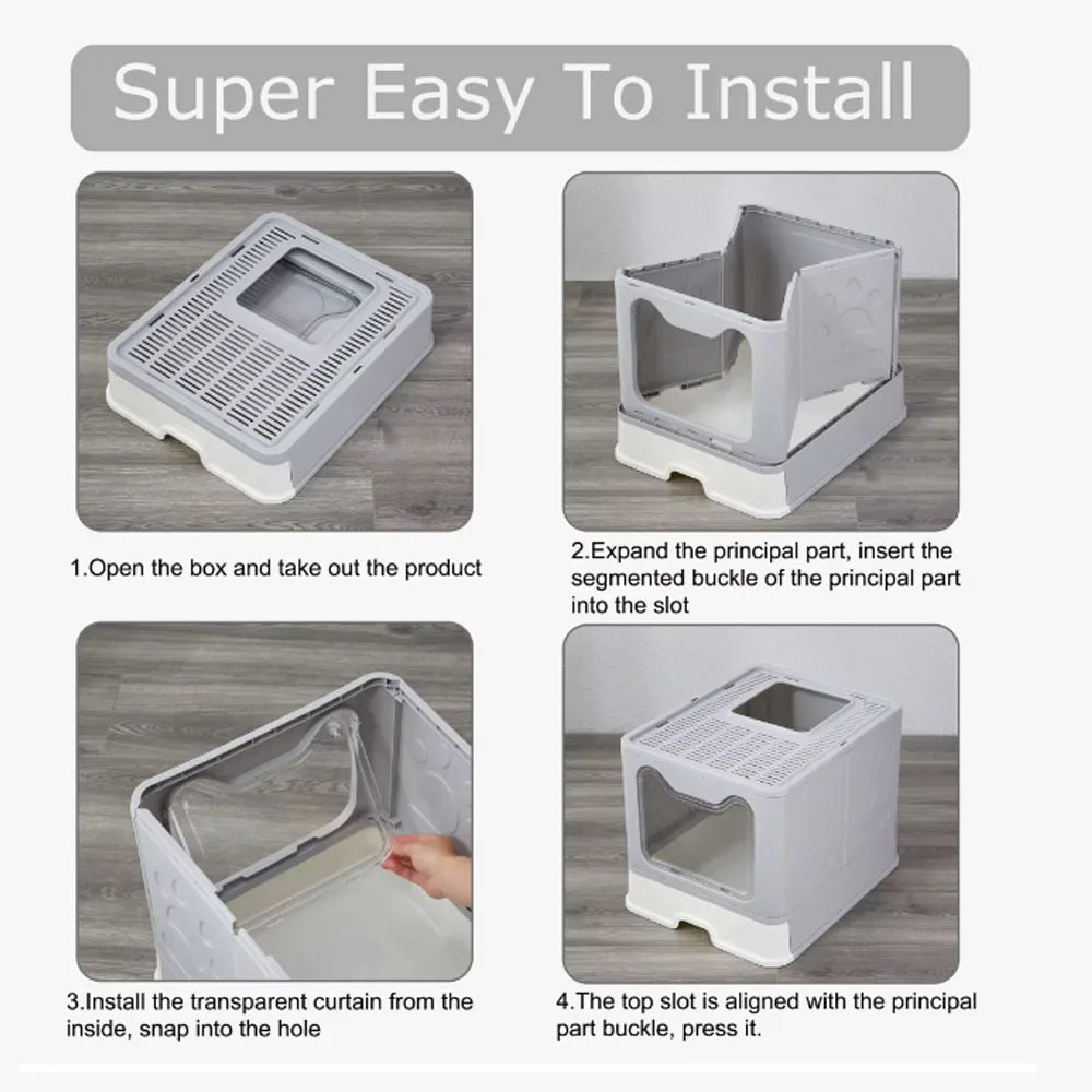 Convenient Foldable Cat Litter Box with Drawer Design and Scooper