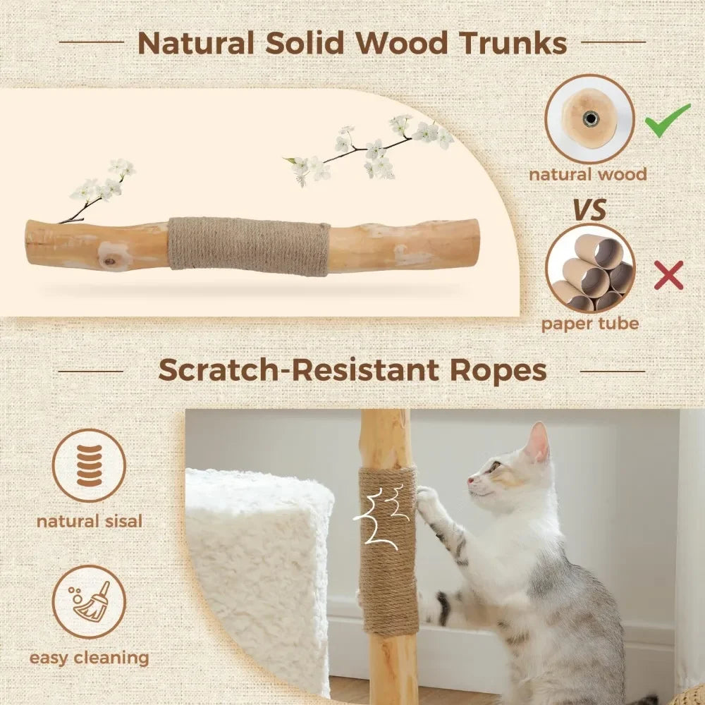 Cat Tree for Indoor Cats Large Adults Modern Cat Tree Tower with Spacious Wicker Basket Natural Solid Wood Scratching Posts
