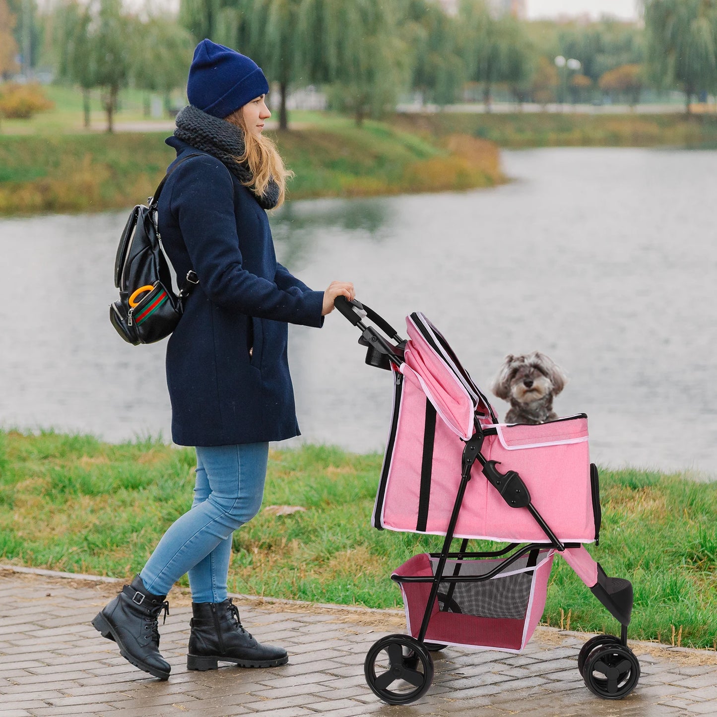 Three Wheel Foldable Pet Stroller with Storage Basket and Handle