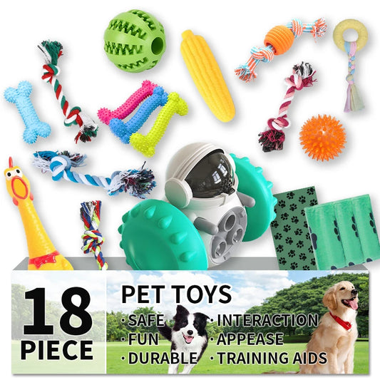 18 Piece Dog Toy Set with Squeaky Chew Toys and Ropes